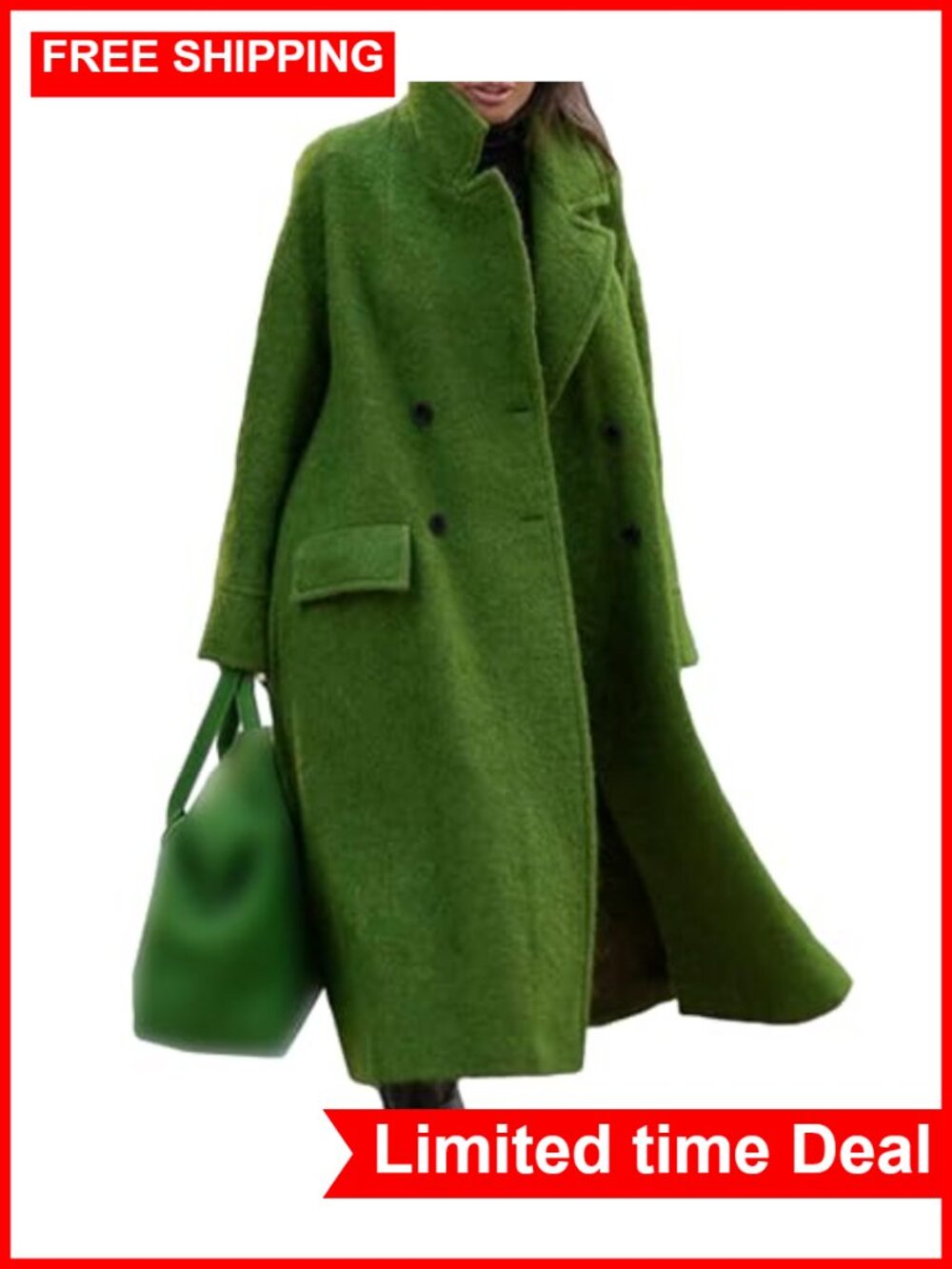 Oversized Wool Blend Maxi Pea Coat Double Breasted Notch Lapel Trench